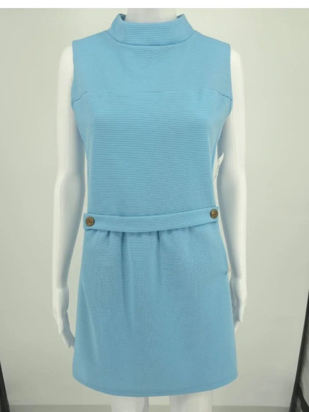 Vintage 1960s Blue Dacron Ribbed Knit Sleeveless Mock Neck Mod Mini Dress (M)